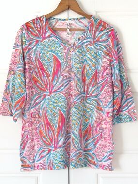Lulu B Pineapple Tunic Top Medium Colorful Burnout Resort Swim Beach Semi-sheer